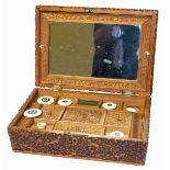 Carved hardwood 19th century oriental sewing box with fitted interior and mirror. We are unable to