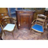 George III oak corner cupboard, Edwardian mahogany and inlaid corner chair and elbow chair We are