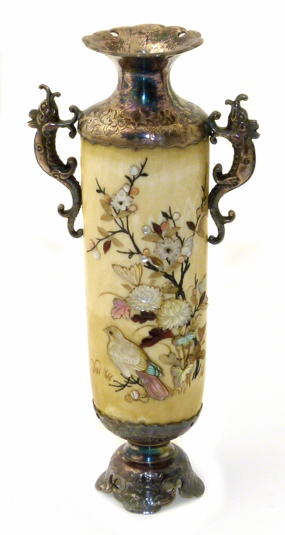 A fine Japanese Meji Period ivory and Shibayama vase, decorated with bird and blossoms, and