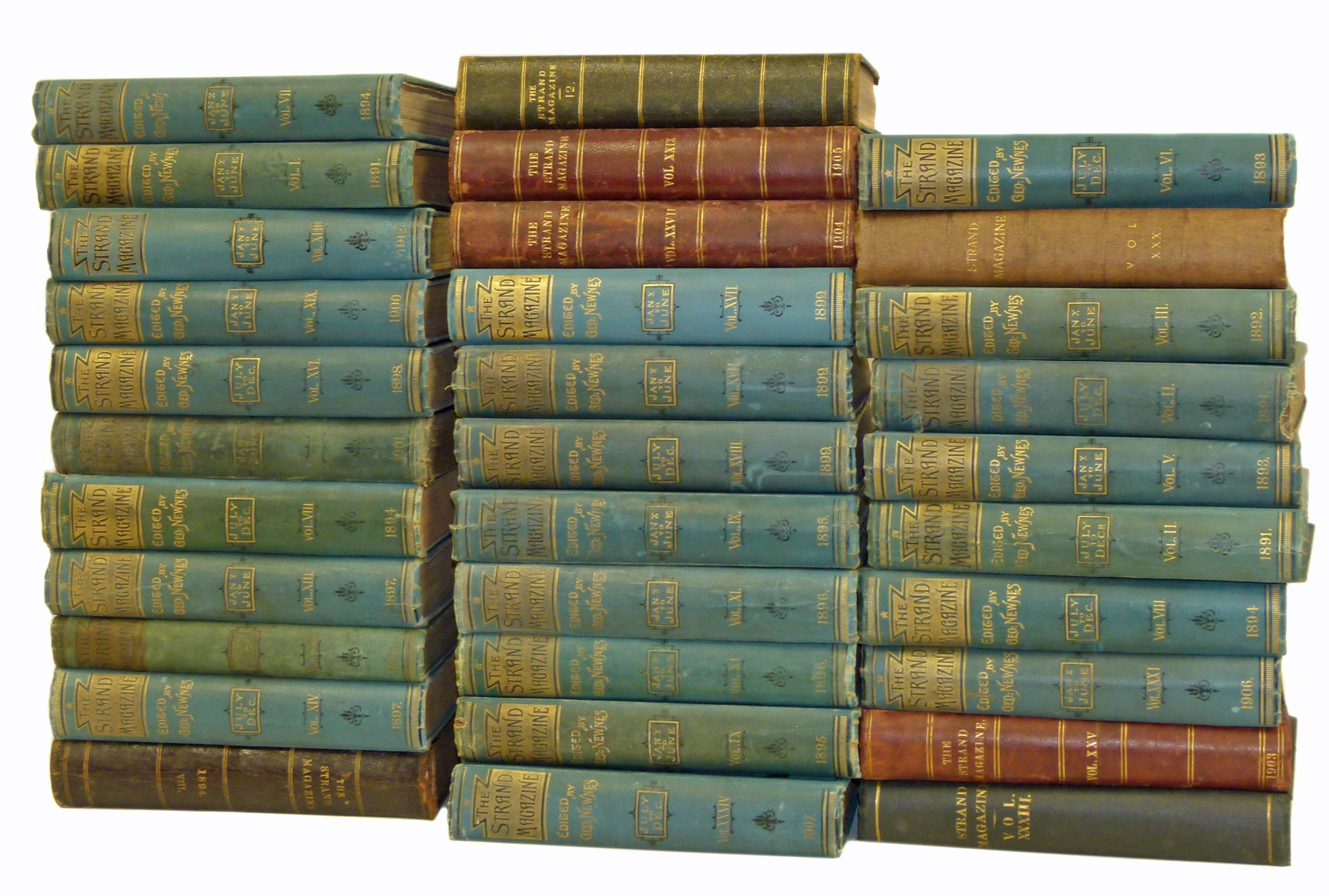 32 bound volumes of "The Strand Magazine", many in their original bindings and featuring The