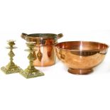 19th century copper two handled pot, copper bowl and pair of pierced brass candlesticks. We are