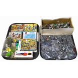 A large quantity of un-painted lead soldiers, 5 boxes of Airfix soldiers and fencing gate,