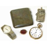 A selection of items, silver cigar case, pocket watch. We are unable to do condition reports on