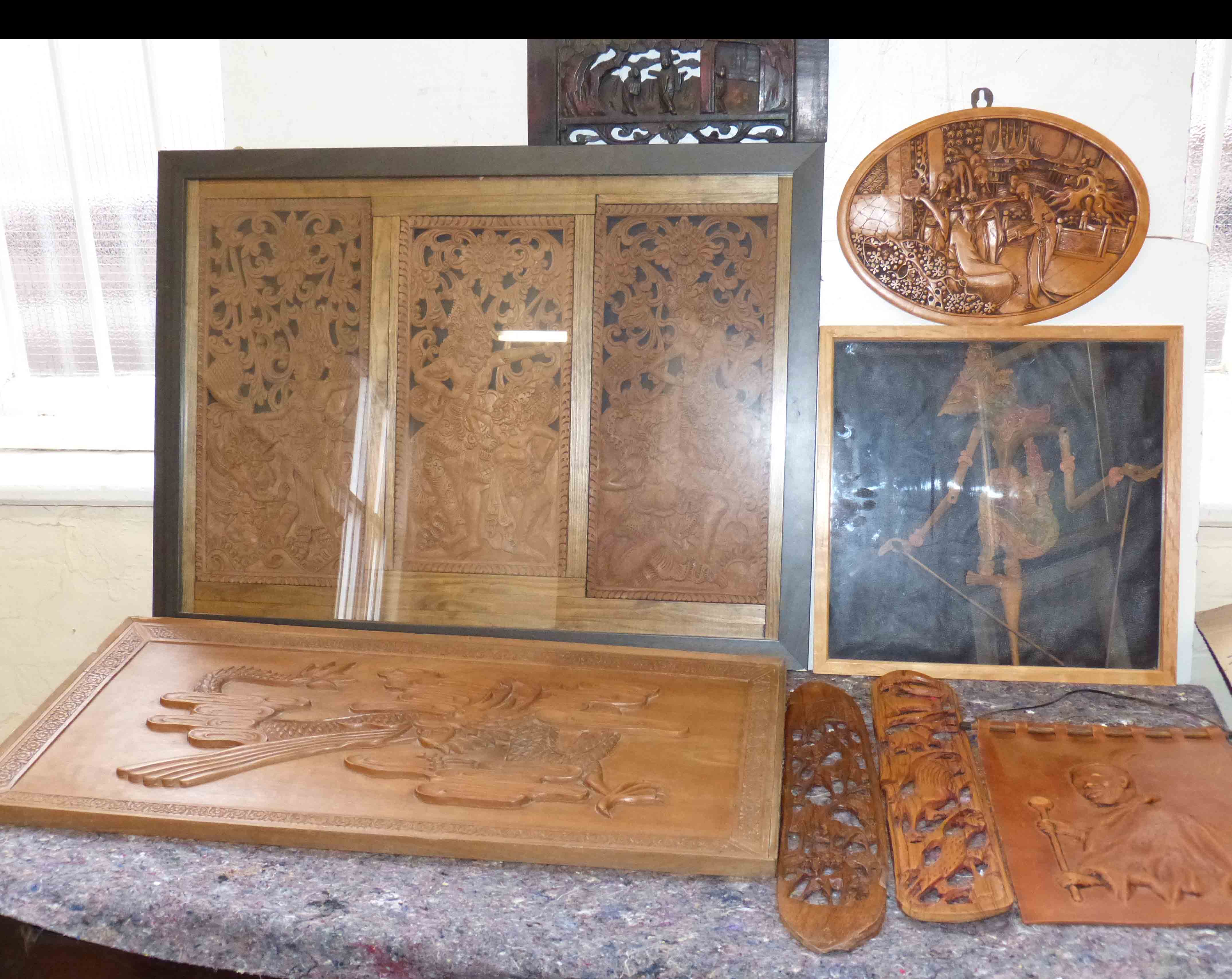 six various carved Asian/ Oriental panels We are unable to do condition reports on our Interiors