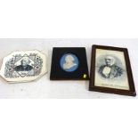19th Century Wedgwood plaque of Gladstone, also a Wallis Gimson plate and a framed silk depicting W.