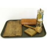 Brass minors lamp, Swaine & Adeney hunting companion set, chopping board compact and pestle We are