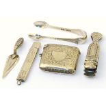 Birmingham silver trowel bookmark, vesta case, pencil case, paper clip and pair of small sugar nips.
