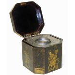 19th century lacquered lead lined tea caddy with gilt decorations depicting oriental figure We are