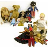 Collection of dolls, vintage soft toys and a push along bear We are unable to do condition reports