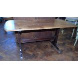 20th century oak dining table four planked pegged top with trestle base We are unable to do