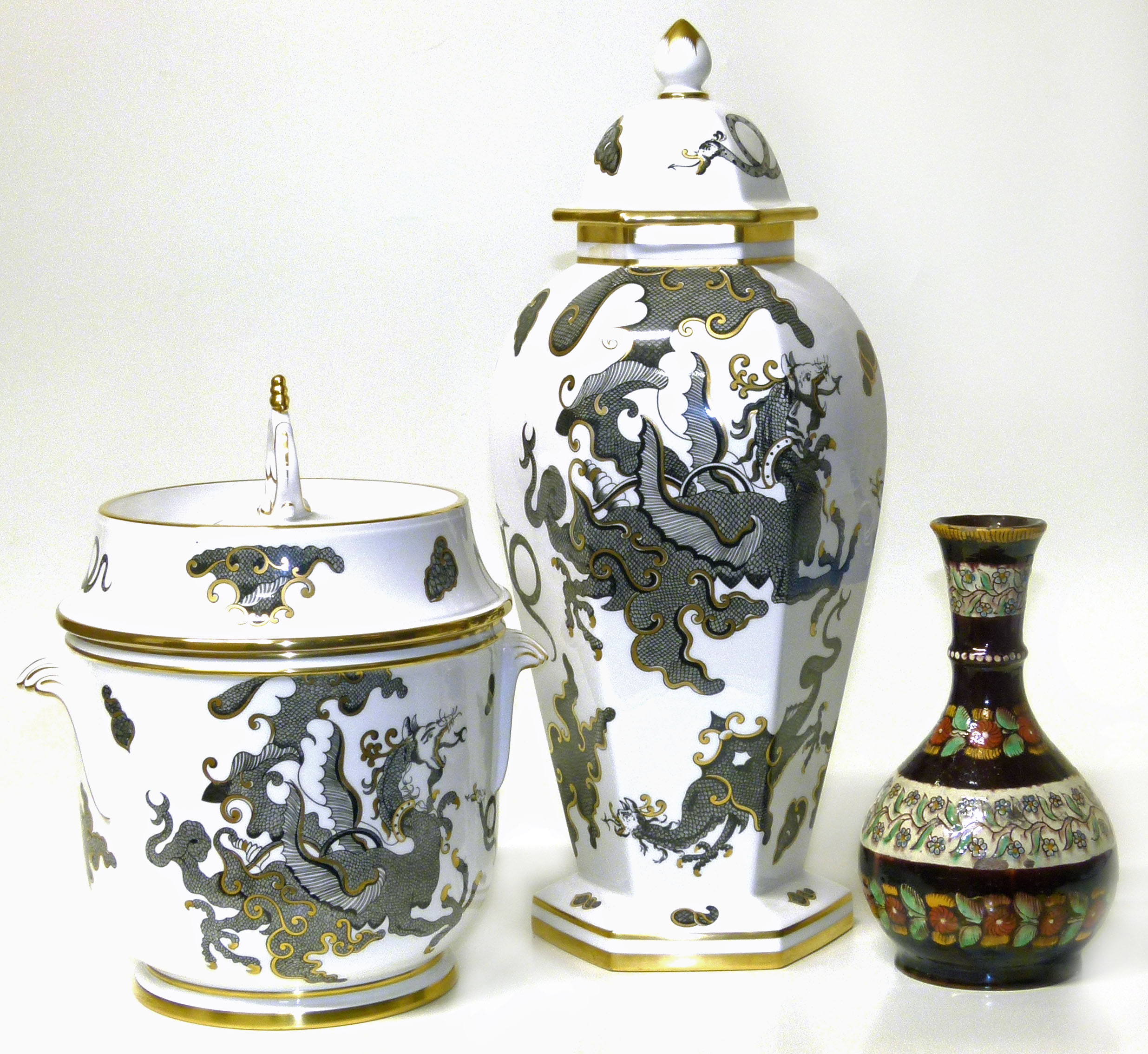 Royal Worcester "Black Dragon" pagoda top vase and lidded two handled pot complete with Della