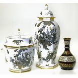 Royal Worcester "Black Dragon" pagoda top vase and lidded two handled pot complete with Della