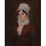 English School, 19th century, Portrait of a lady wearing a lace cap, unsigned, oil on board, 17.5