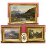 Three Victorian gilt framed oil paintings depicting rural views and an oval framed print (4). We are