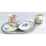 Creamware jug named M.E, Caurens also an octagonal jug and three graduated Wedgwood meat plates We