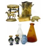 A collection of brass and plated ware, also a Swedish glass decanter, two Cloisonne vases and the