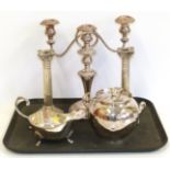 A pair of plated Corinthian column candlesticks, three branch candelabra, Martin Hall & Co. two