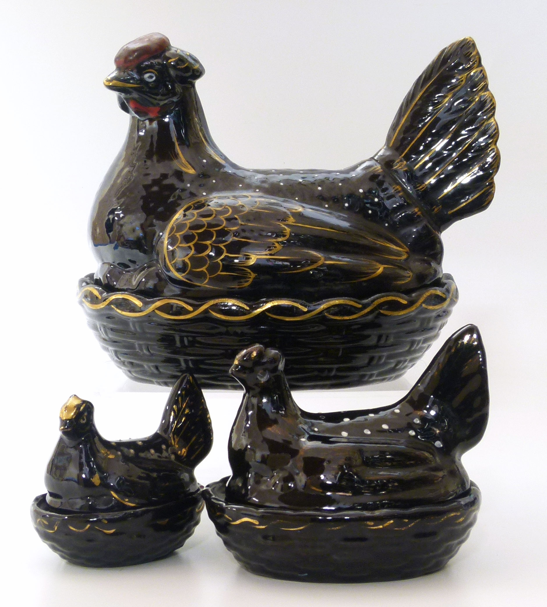 Three Royal Staffordshire hens We are unable to do condition reports on our Interiors Sale