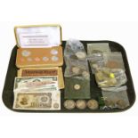 Selection of coins and banknotes to include cased 1981 Coins of the Cook Islands set, three silver