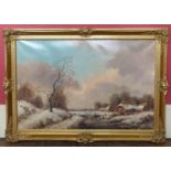 Gilt framed oil painting of Dutch frozen river scene We are unable to do condition reports for