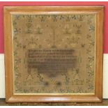 19th century sampler by Eliza Hawke dated 1827, 48cm square We are unable to do condition reports