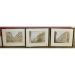 Three framed engineering prints of Victorian city scenes depicting Drury Lane and The White Star