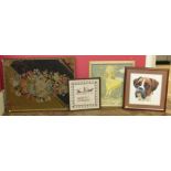 19th century gilt framed floral Woolwork 80cm x 60cm, boxer dog, inscription stitched 1996 by