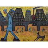 Albert Barlow (British 1944-), Cityscape with figures and a dog, oil.
