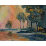 James Lawrence Isherwood (British 1917-1989), Wooded lake scene at sunset, oil.