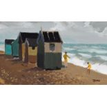 Donald McIntyre, "Beach Huts and Figures No.3", acrylic.