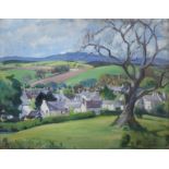 Helen Sterling Johnston, Scottish rural village with mountains beyond, oil.