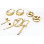 A suite of 9ct gold diamond jewellery, two pairs of 9ct gold hoop earrings. Condition reports are