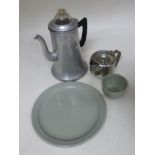 British Rail stainless steel small tea pot, British Rail stamped knife, fork and teaspoon, aluminium