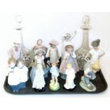 Nine Nao figures, three Doulton figure of Darling, Bedtime and She Loves Me Not, also two glass