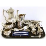 Silver plated coffee pot, milk jug and sucrier, plus a quantity of plated flat ware. Condition