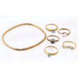 A selection of jewellery to include a 9ct gold bangle, 9ct gold rings and a 14ct gold cz ring, gross