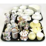 Derby figure of Welsh Taylors Wife, Staffordshire Spaniels, continental figures and tea ware