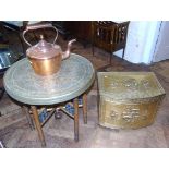 Georgian copper kettle, embossed brass log box and circular brass top Asian folding table. Condition