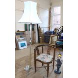 Edwardian corner chair, brass standard lamp and art nouveau style table lamp Condition reports are