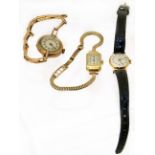 Three gold watches, to include an 18ct gold cased cocktail watch with 9ct gold strap, an 18ct gold