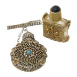 Two scent bottles, one with brooch attachment, lengths 3.5 and 4cm. Condition reports are not
