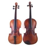 German lion head scroll violin together with one other violin, both with cases.