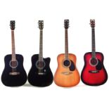 Four steel string acoustic guitars by Lindo, Swift, Stagg and Vintage.