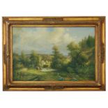 River landscape oil on canvas, framed, 20th century. Condition reports are not available for our