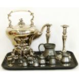Victorian silver plated spirit kettle, pair of plated candlesticks, seven pewter measure jugs etc.