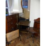 Jacobean style hall table, brass standard lamp, fire-screen and inlaid oval table. Condition reports