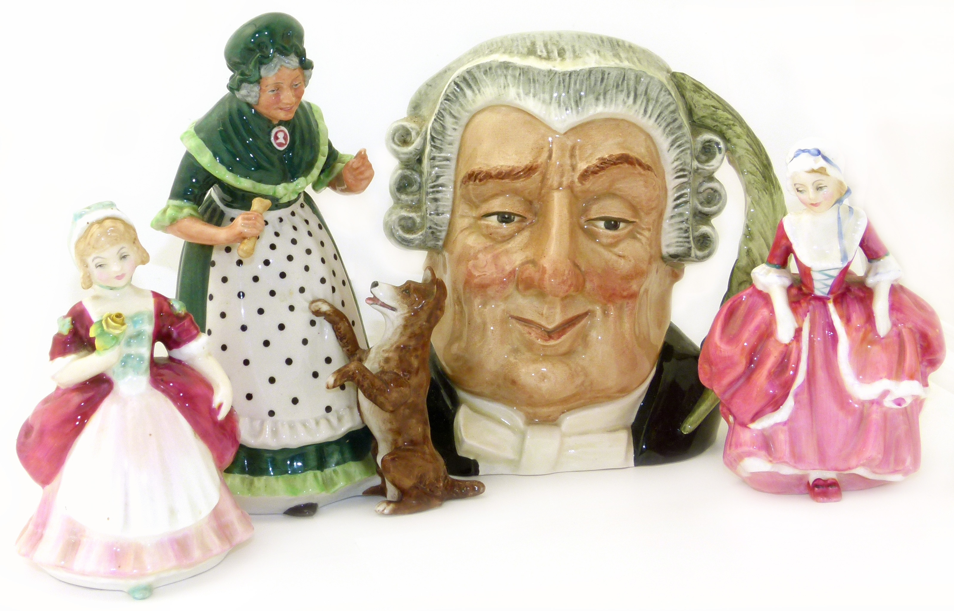 Royal Doulton "Old Mother Hubbard", "Valerie", "Lawyer" and "Goody". Condition reports are not