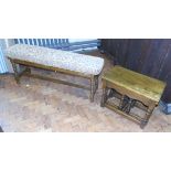 Nest of three oak tables and small bench on turned legs. Condition reports are not available for our