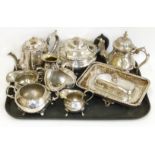 Collection of silver plated tea ware including teapot and sucrier, oblong embossed dish with swing