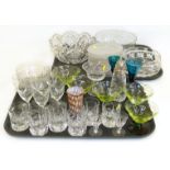 Two cut glass fruit bowls, one etched glass bowl, two finger bowls and 12 frosted glass side plates,